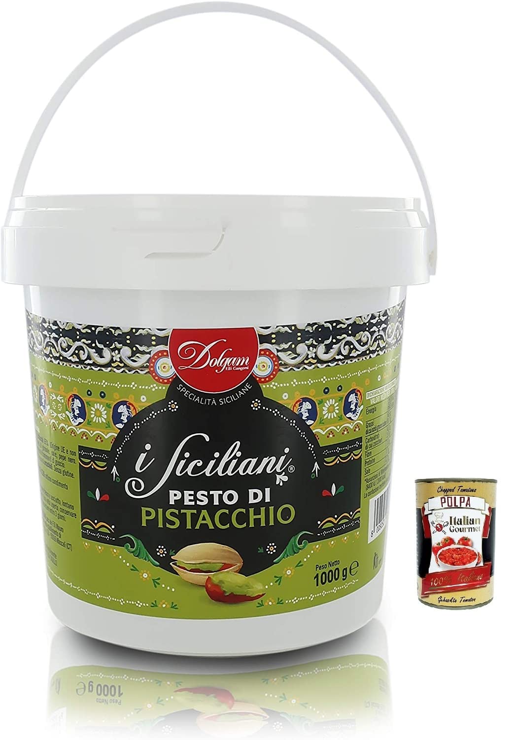 Dolgam I Siciliani Pesto pistache sans gluten, spécialités siciliennes, seau de 1000 g, pistaches de Sicile avec 65% + Italian Gourmet Polpa di Pomodoro boîte de 400 g