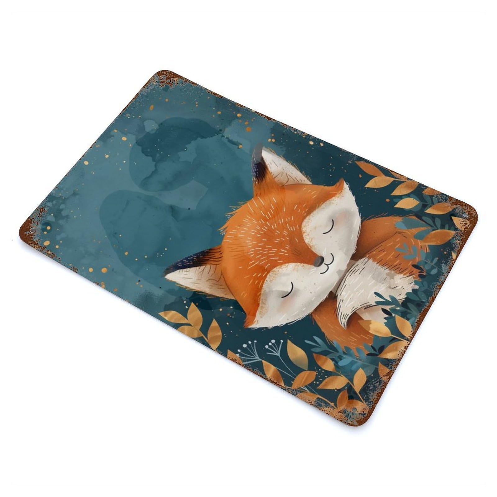 Cute Watercolor Baby Fox Aged Metal Wall Plaque 11.8"x7.9", Farmhouse Wall Decor for Office, Studio And Wall Decor