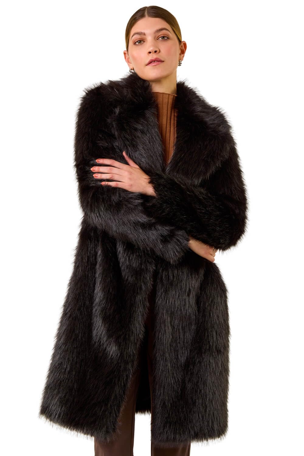 Roman Originals Women Faux Fur Coat - Ladies Jackets Teddy Bear Plush Casual Soft Fluffy Textured Oversized Warm Cosy Autumn Winter Flattering - Obsidian - Size 18