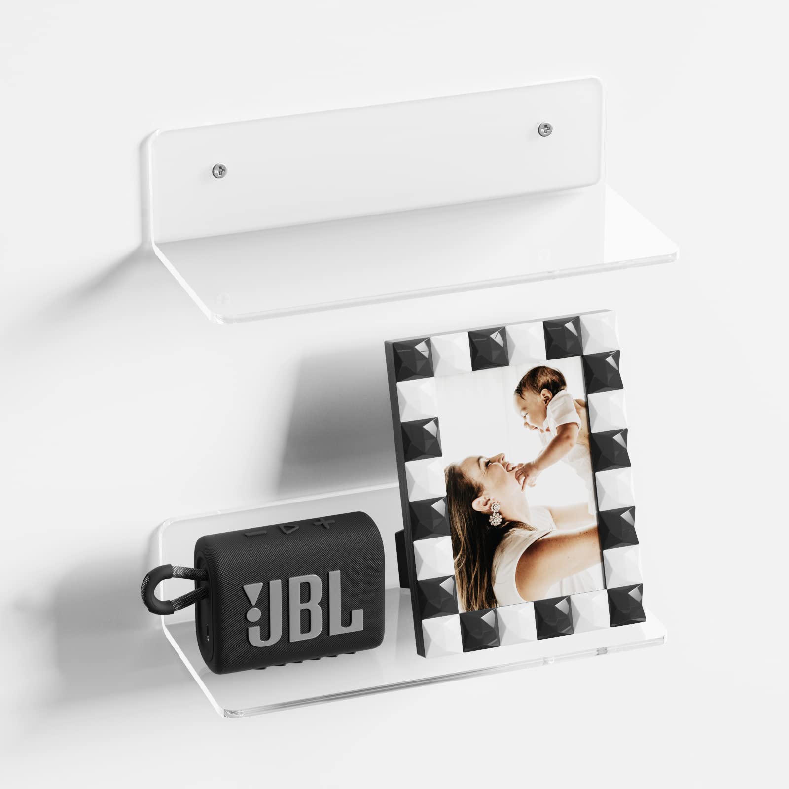 2 Pack Small Floating Shelf for Wall, 9 Inch Acrylic Wall Display Ledges for Bedroom, Bathroom, Living Room, Office, Easy Installation with Clear Tape and Screws Kits