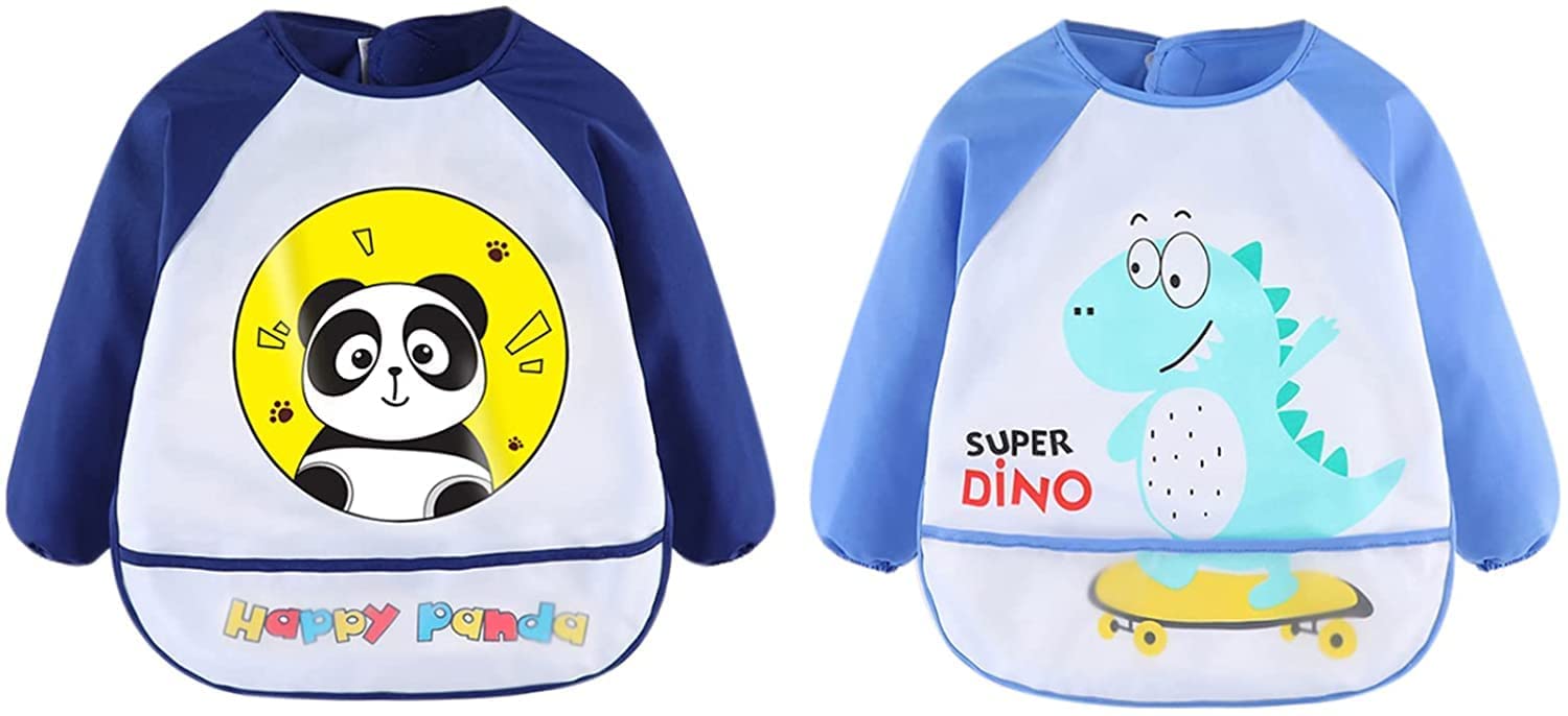Tomedeks Bibs with Sleeves,2 Pcs Waterproof Long Sleeve Bib Unisex Feeding Bibs Apron for Infant Toddler 6 Months to 3 Years Old