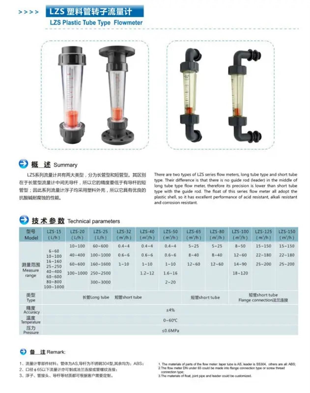 Rotámetro de agua con tubo de plástico for tuberías LZS-40A con interruptor de alarma de flujo con límite superior o inferior(0.4-4 m3PH)