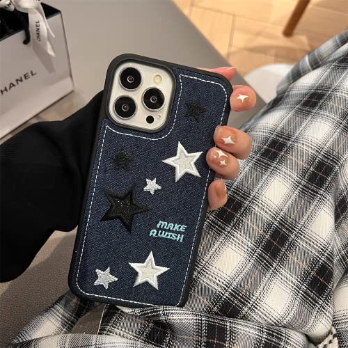 Nzjasy Cute Denim Fabric Embroidery Stars Phone Case Compatible With Iphone 13 Pro Max (6.7 Inches) Shockproof Cover Fashion Silicone Protector Shell For Iphone 13Promax #TOP1