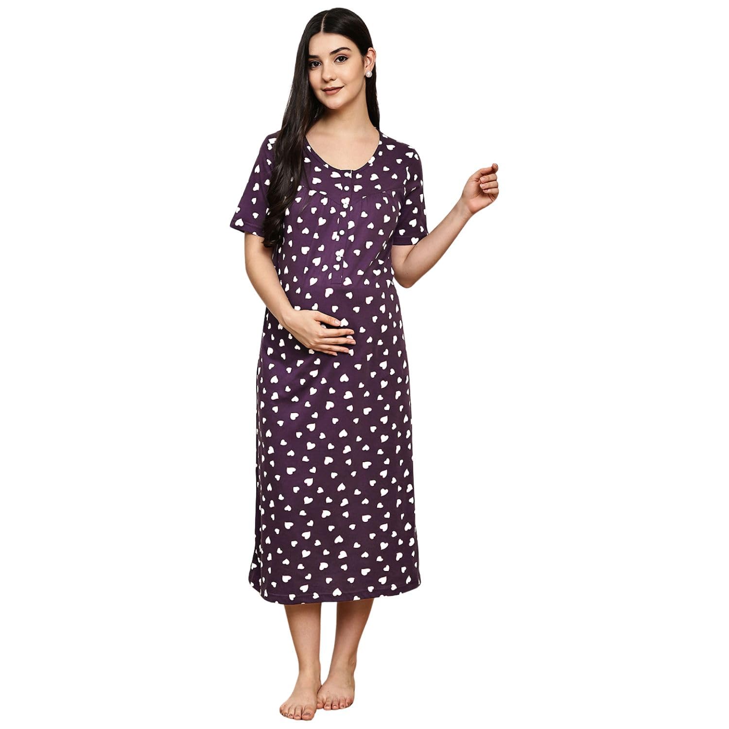 secret wish Printed Hosiery Maternity Nighty for Women | Soft & Comfortable Pregnancy Night Dress | Nursing Nightwear with Front Buttons for Breastfeeding | Feeding Night Gown for New Moms-picture-40