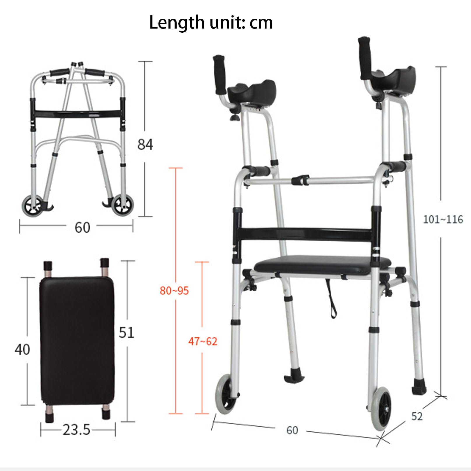 UYSELA Leggero Deambulatore Pieghevole Girello Ultraleggero,Rollator per Adulti o Disabili Deambulatore Pieghevole, Regolabile in Altezza Deambulatore per Anziani Pieghevole,L