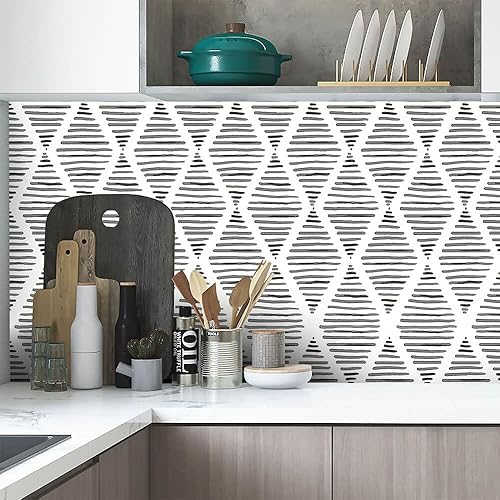 Miniatura 3 de Papel tapiz blanco y negro para despegar y pegar de 17.7 x 120 pulgadas, papel de contacto moderno a rayas, papel de pared de rombos, papel de
