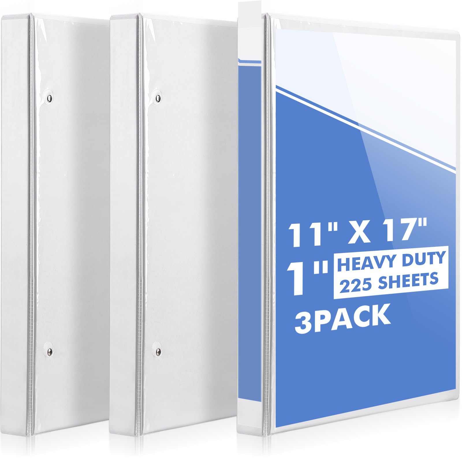 Sinload 3 raccoglitori a 3 anelli da 27,9 x 43,2 cm, con tasche, cartella per presentazioni, con copertina trasparente personalizzabile per documenti, file e progetti (bianco)
