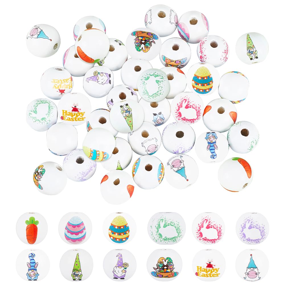 SUNNYCLUE 1 Box 48Pcs Easter Wooden Beads Easter Egg Beads Easter Bunny Wood Beads Wooden Round Beads Easter Egg Bead Cartoon Spacer Loose Bead for
