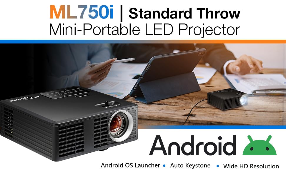 Image of Optoma ML750i Mini Portable Business LED Projector - WXGA 1280 x 800, 450 /700 Lumens, Under 1lb., Project via HDMI, USB-A, or MicroSD, Screen Mirror Wirelessly with Mobile Devices