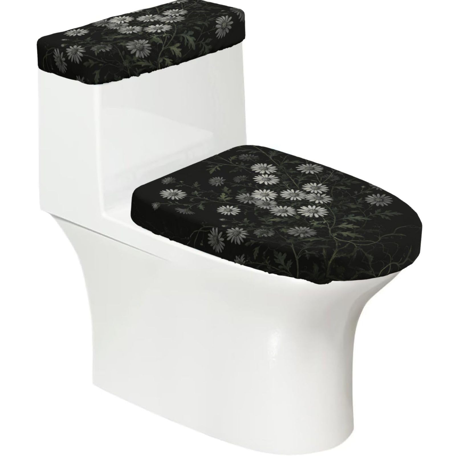 Black White Daisy Elastic Toilet Cover Set of 2-Stretchy Lid and Tank Covers for Bathroom, Soft Washable U Shape Toilet Decor