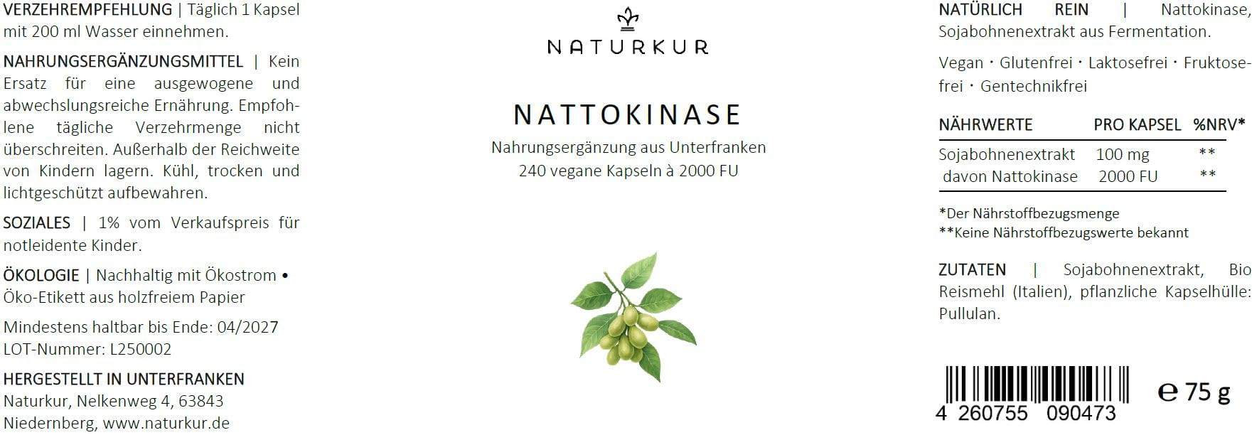 Naturkur® Nattokinase 100 mg (20.000 FU/g) - 240 Kapseln im Apothekerglas - Vegan, ohne unerwünschte Zusatzstoffe, in Handarbeit hergestellt in Unterfranken