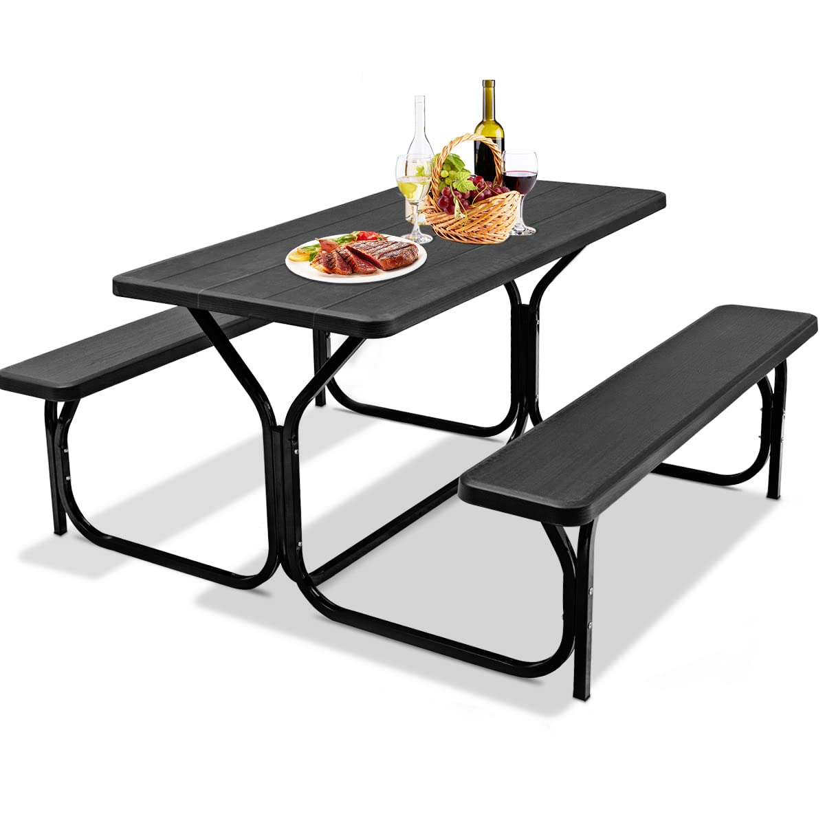 TANGZON Picnic Table Chairs Set, Portable Camping Dining Table and Bench Sets, Outdoor Indoor Table Set for BBQ Party Garden and Patio (Black)