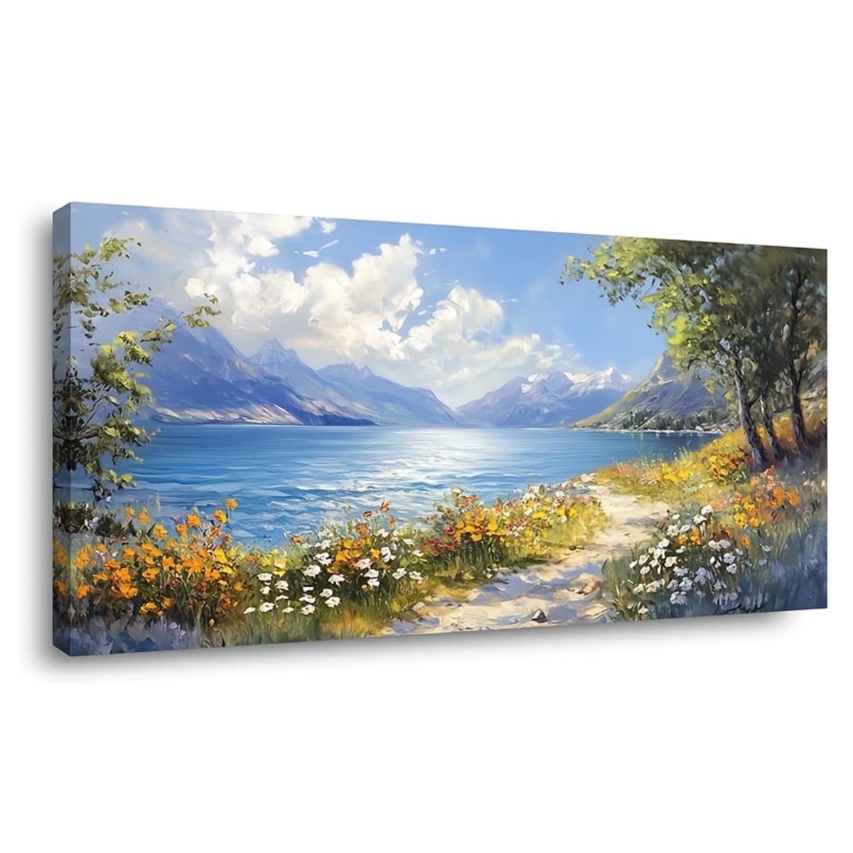 Ixehoh P1 Serene Mountain Lake Landscape Canvas Wall Art, Impressionist Wildflower Meadow Painting, Horizontal Wall Art, Large Wall Art Canvas Prints For Living Room Decor 70X150cm