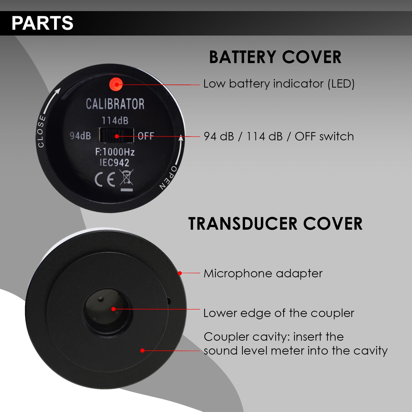 Calibratore portatile del livello sonoro, 94 dB e 114 dB ± 0,3 dB di precisione per la calibrazione dei misuratori di livello sonoro, microfoni da 1 "e 1/2" calibrazione del decibel del rumore