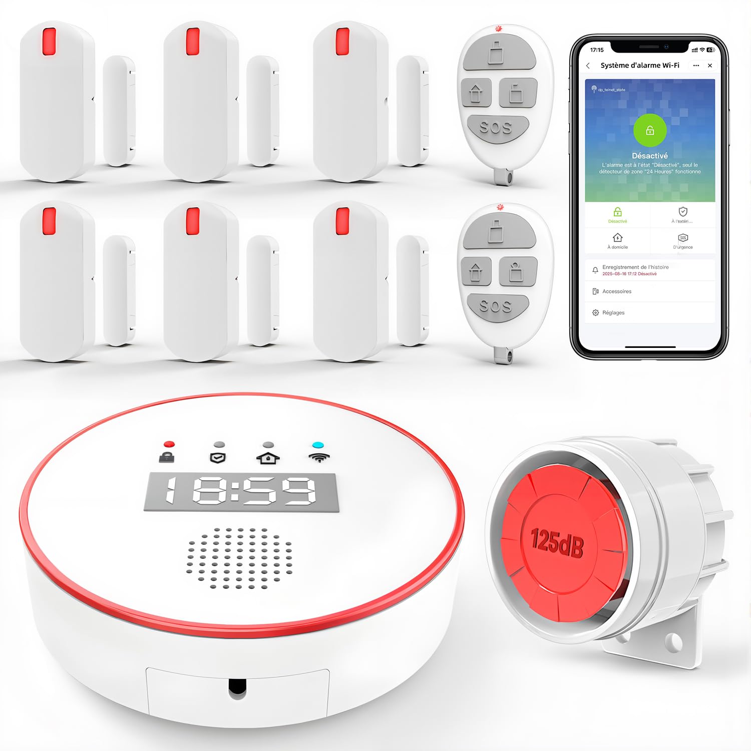 YISEELE Alarme Maison sans Fil: système de sécurité Wi-FI 5 GHz avec Horloge - 1 Sirène 125dB - 6 Capteurs Porte/Fenêtre - 2 Télécommandes - 1 Hub - Compatible Alexa & Google Home