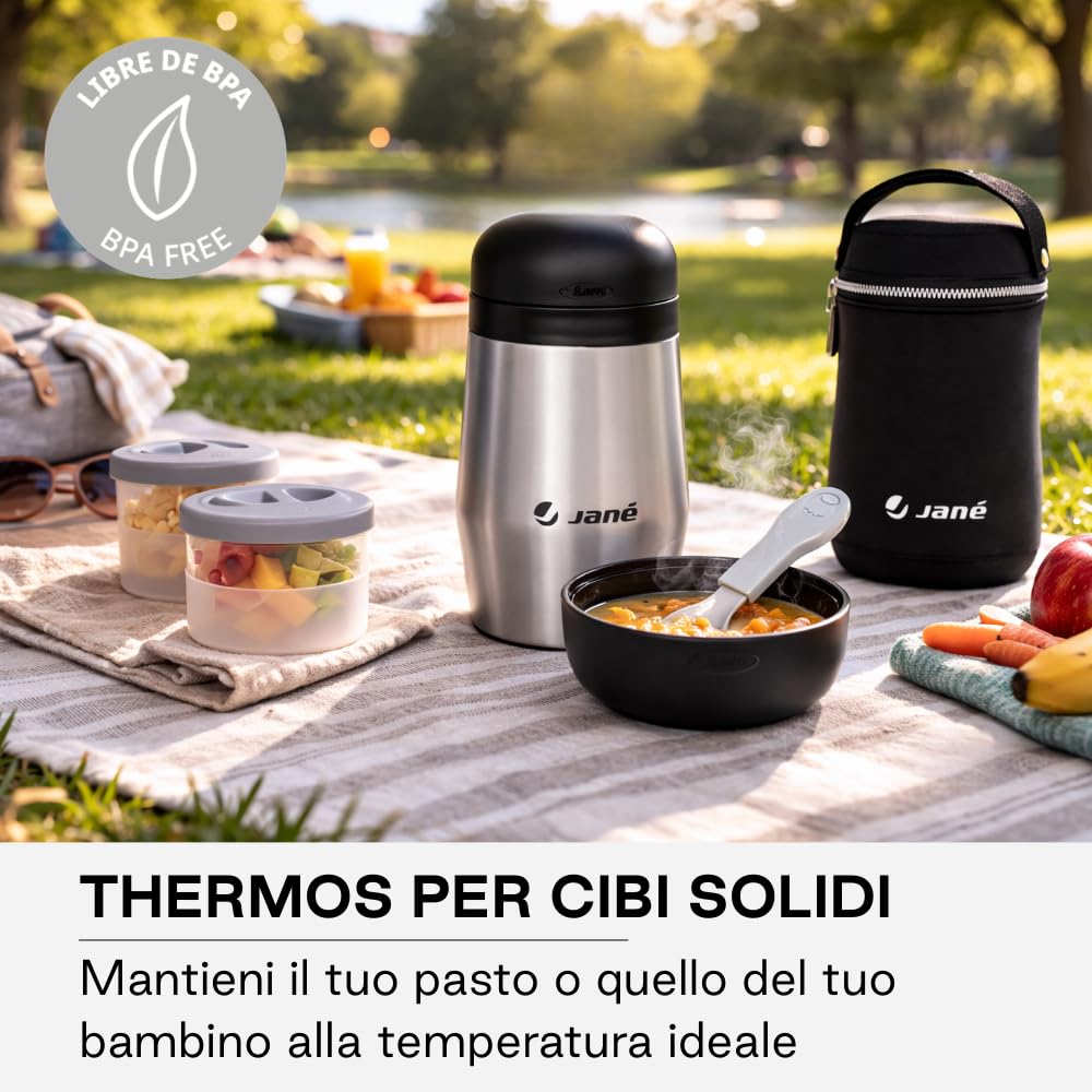 Jané Thermos 1L 2 Contenitori Ermetici Mantiene Caldo e Freddo 8h Borsa Termica Grigio
