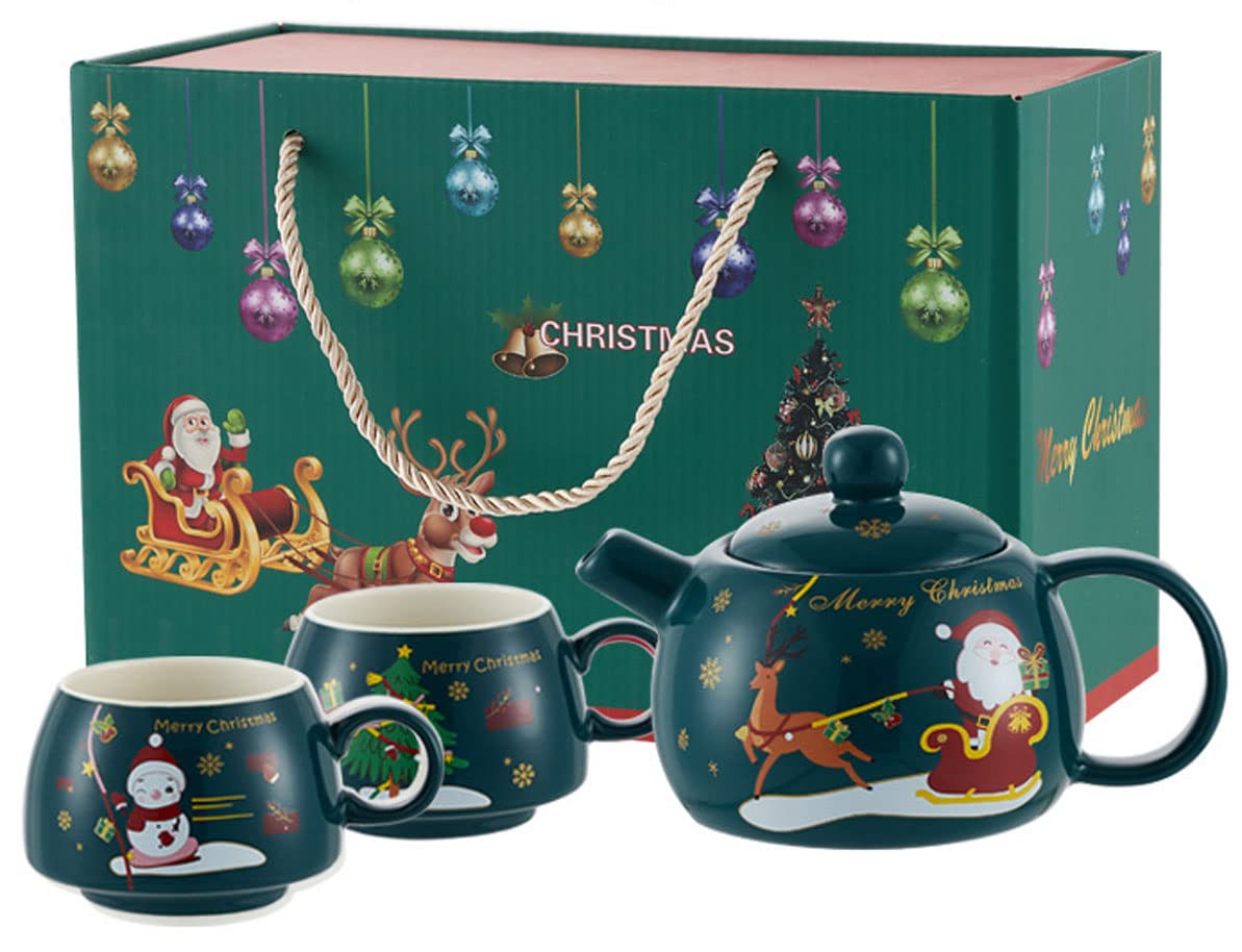 YBK Tech Creative Tea for 2, Ceramic Coffee Pot Teapot and 2 Cups - Christmas Series