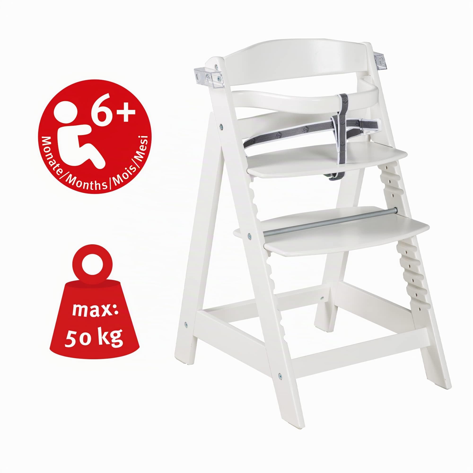 roba Seggiolone per Neonati Evolutivo Sit Up Click e Fun + Vassoio Rimovibile - Altezza Regolabile - con Barra di Protezione - Ergonomico - Legno Naturale Laccato Bianco