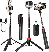66" Tripod for iPhone & Camera, Portable Phone Tripod with Rechargeable Remote Control and Rotate Phone Stand, Selfie Stick for iPhone/Gopro and Cameras (red, 66 in)