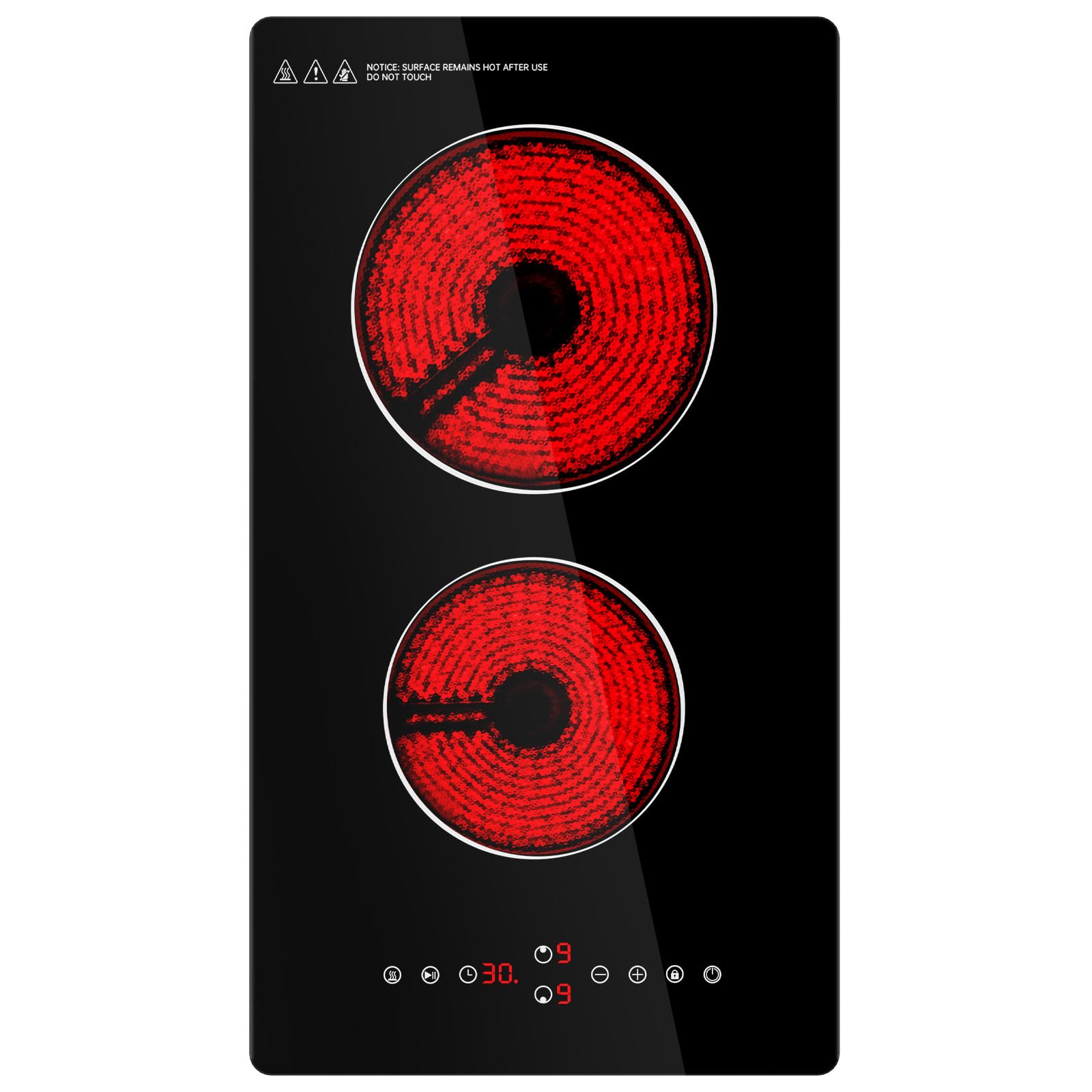 Placa Vitrocerámica 2 Fuegos, 3000W Vitroceramica con Controles táctiles y 9 Niveles de Potencia, Sistema Keep warm, Control Seguridad niños