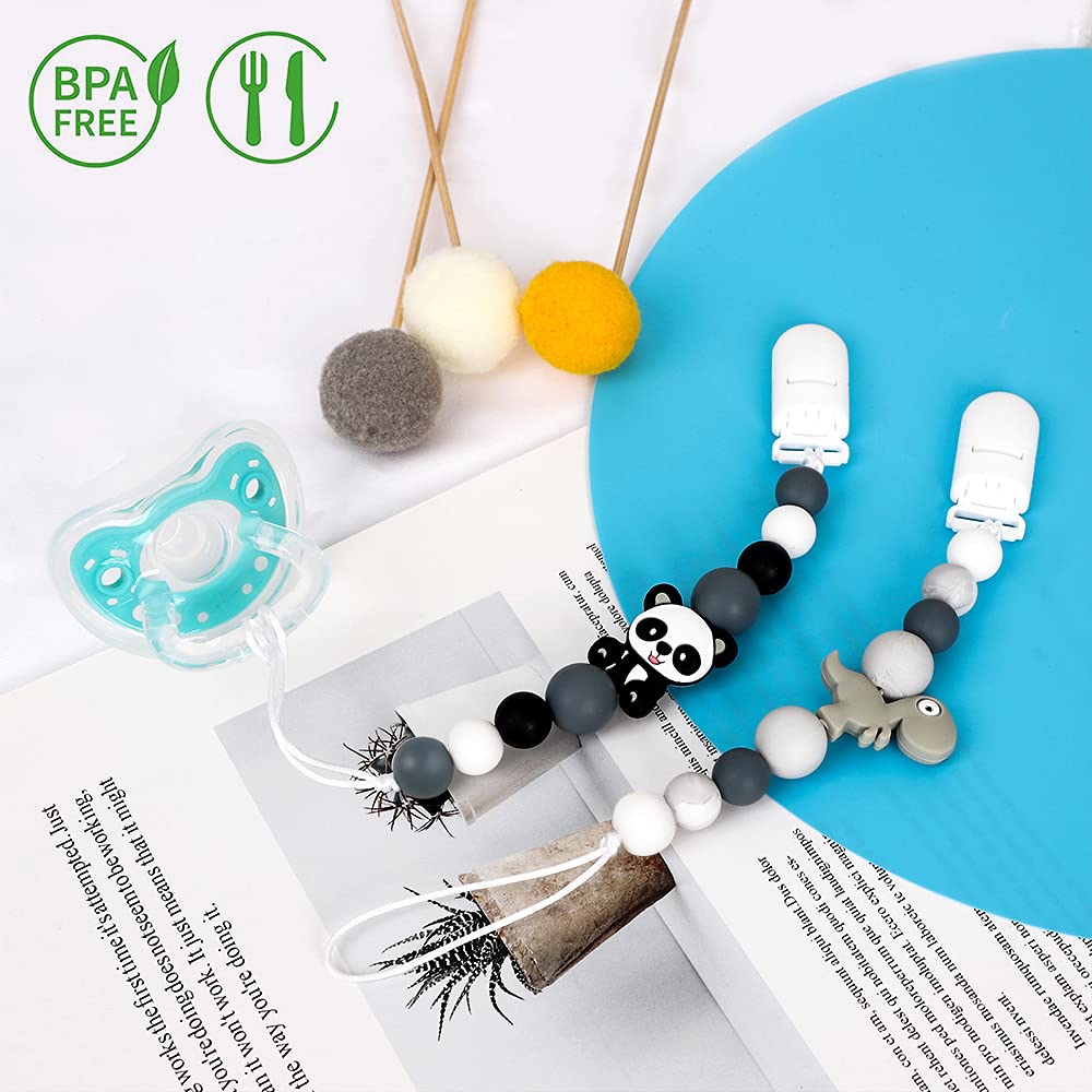 Doormoon Pacifier Clip Holder, Silicone Teether Clip Toy, Baby Pacifier Leashes Soothie with Clip for Baby - 2 Pack, Black Grey : Baby