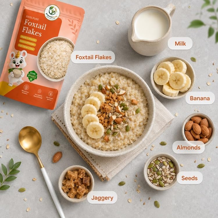 Image of Foxtail Millet Flakes 100g (Kangni Millet Poha) | Gluten Free High Fiber Breakfast Cereal | Nutritious Millet Flakes