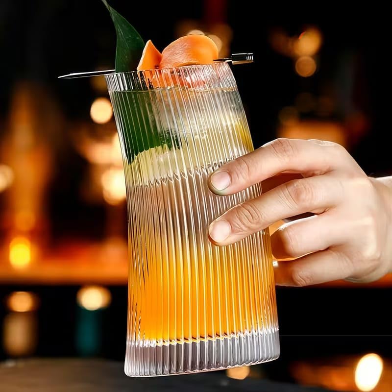 Image of PrimeWorld 520 ml Stripe Slanting Moon Shape Glass | Creative Cocktail, Juice & Milk Drinking Glass | Unique Designer Glass Tumbler for Parties, Home & Cafe