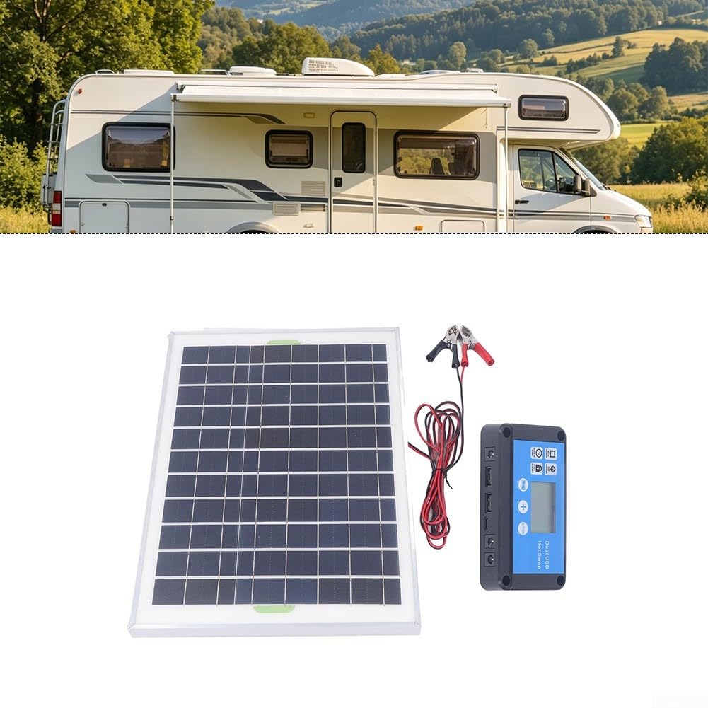 Kit pannello solare policristallino da 20 W con regolatore di carica da 10 A per la ricarica della batteria da 12 V in ambienti esterni e luoghi di lavoro (include controller)
