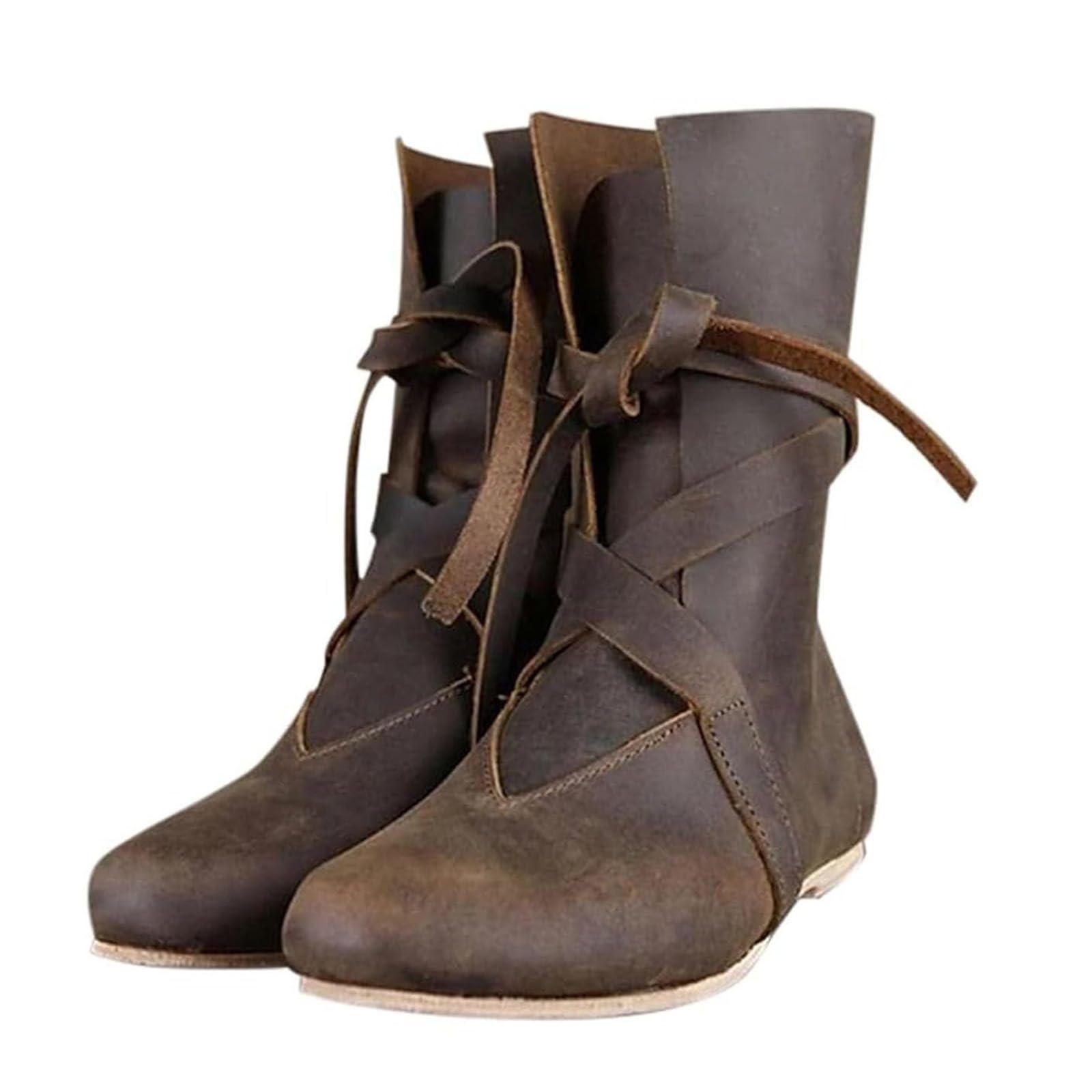 Faux Leather Boots Women Renaissance Medieval Cosplay Halloween Boots Slip on Lace Up Round Toe Flat Boot Vintage