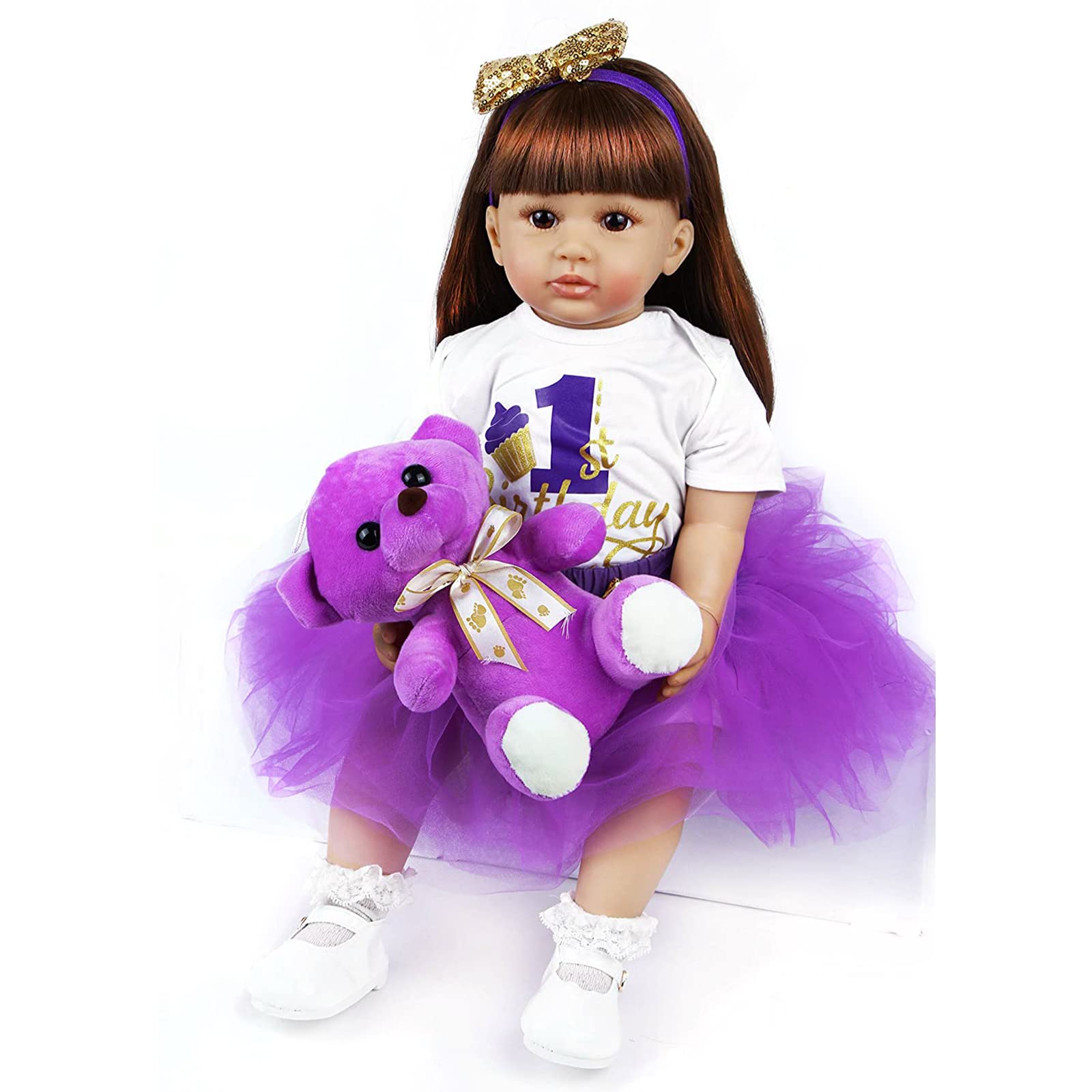 ZIYIUI Bambole Reborn Bambino Femmine 24 pollici Reborn Baby Dolls Soft Vinyl Simulazione in silicone 60cm Reborn Babies Realistici Girl Boy Toys Giocattoli regalo di Natale Indossa un vestito viola