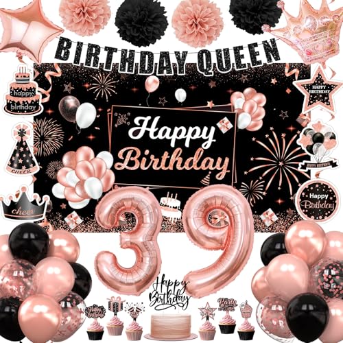 RBYOO 39th Birthday Decorations for Women Girls Rose Gold 39 Birthday Party Packs (55pcs) Number 39 Balloons Fiol Hanging Swirl Flags Backdrop Cake Toppers for Women Girls 39th Birthday