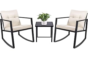 Devoko 3 Piece Rocking Bistro Set Wicker Patio Outdoor Furniture Sets with Coffee Table