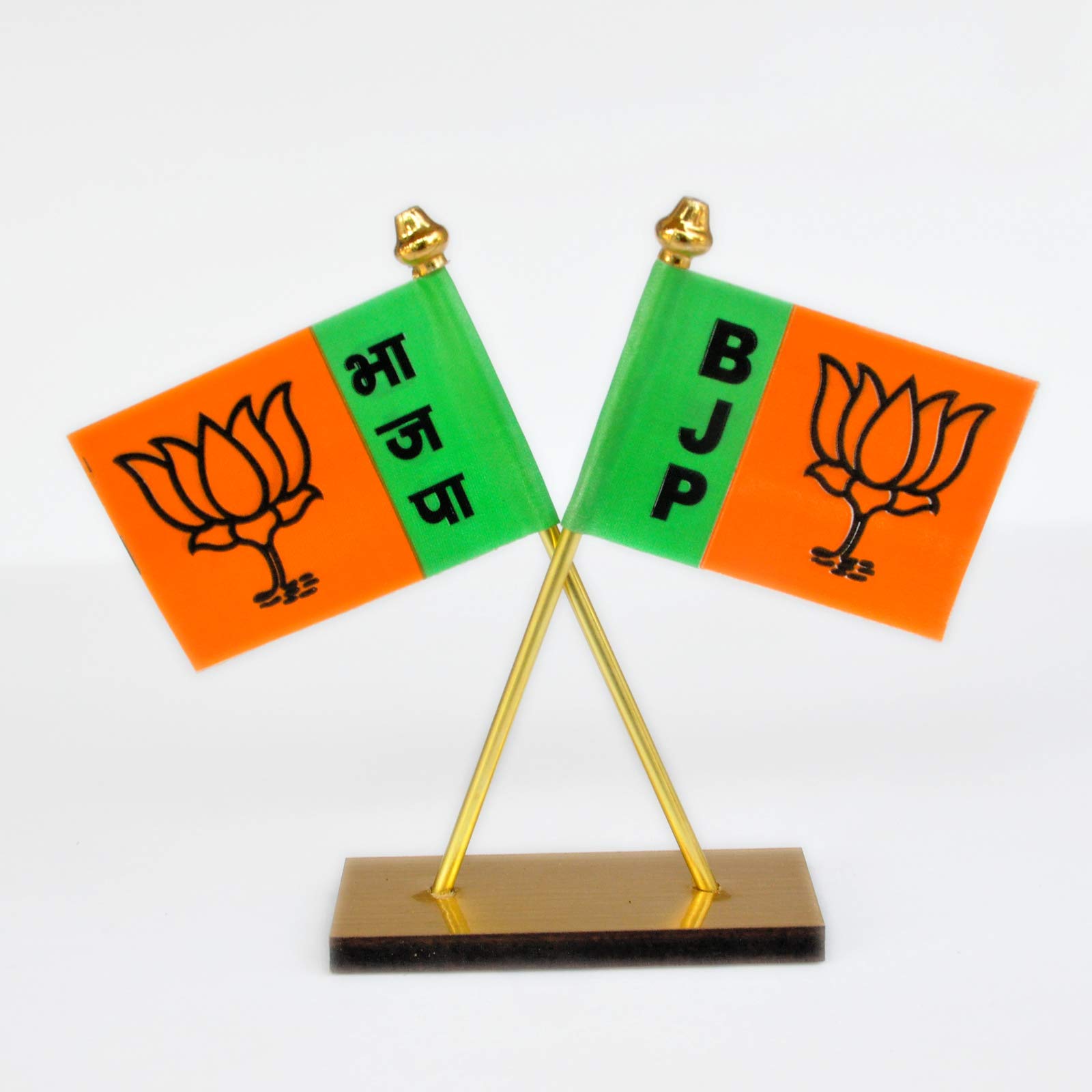 BJP Crossed Design Flag for car Dashboard Office Table (Brass Rod)
