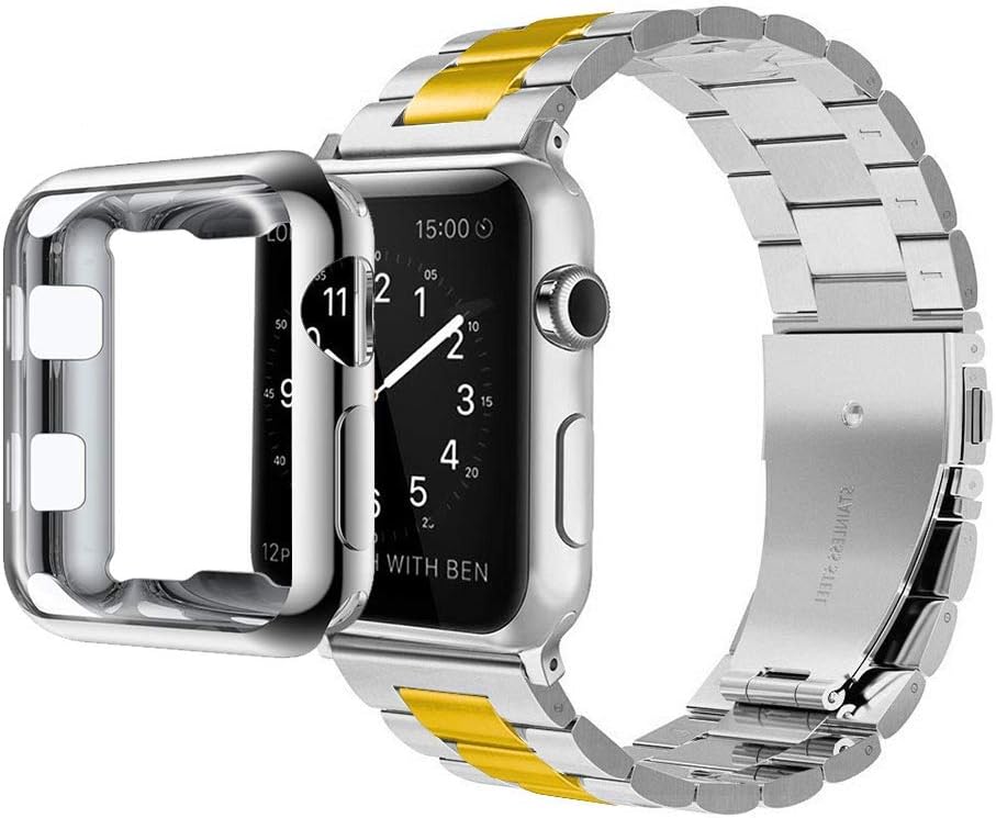 U191U Compatible with Apple Watch Band Series 4/3/2/1, Stainless Steel Bracelet Strap w/Adapter+ TPU Soft Case Cover for iWatch 38/40/42/44mm (Silver/Gold 38mm)