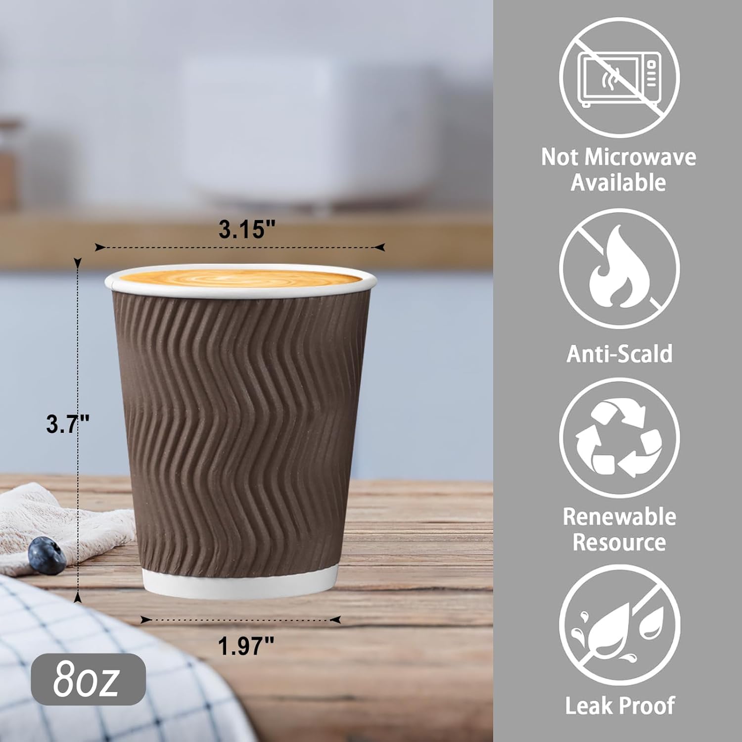 BYSNOW 150 Pack 8 oz Coffee Cups, Brown Disposable Paper Cups, Insulated Corrugated Ripple Wall Hot Beverage or Cold Drinks for Home, Party, Cafe