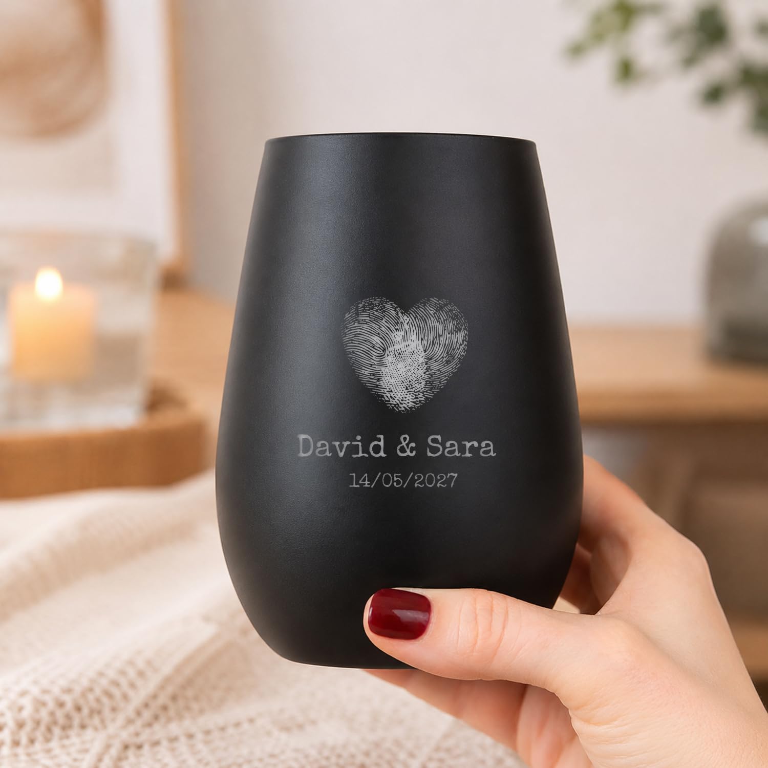 Wanapix | Portacandele inciso | Vetro personalizzato | Candela inclusa | Lampada a candela regalo originale | Disponibile in bianco o nero | Impronta digitale