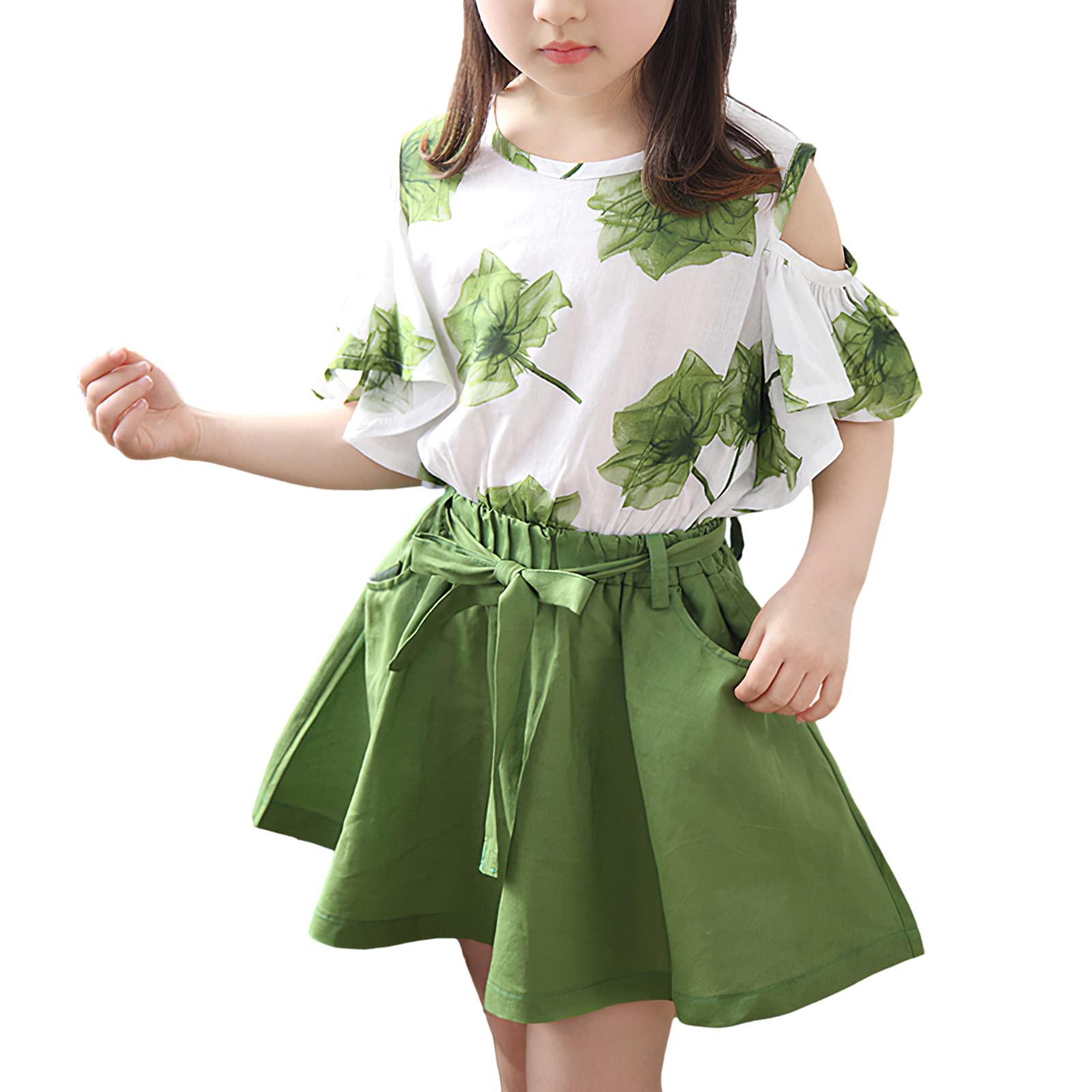 amropi Fille D'été Vêtements Set À Fleurs Tops Manches ébouriffer + Mini Jupes 2 Pièces Ensemble 3-12 Ans