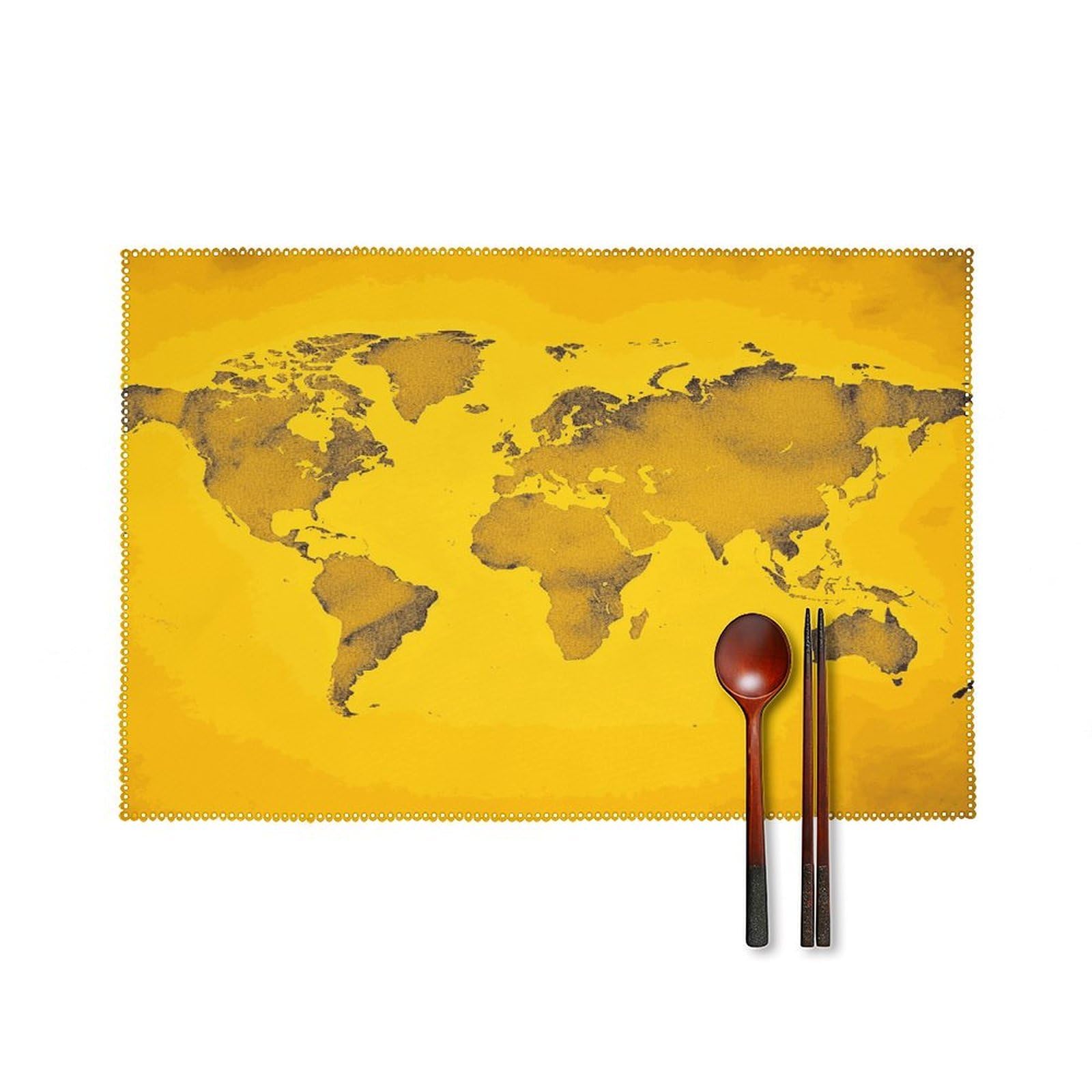 Yellow World Map Placemats Set of 4 Heat Resistant Non-Slip Place Mats for Dining Table Washable Placemat Wipeable Dining Table Mat Canvas Place Mats Dining Table Decor