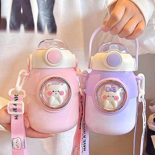 Botella de agua Kawaii con popote, lindas botellas de agua de viaje con correa ajustable a prueba de fugas, sin BPA, taza de agua de boca ancha con
