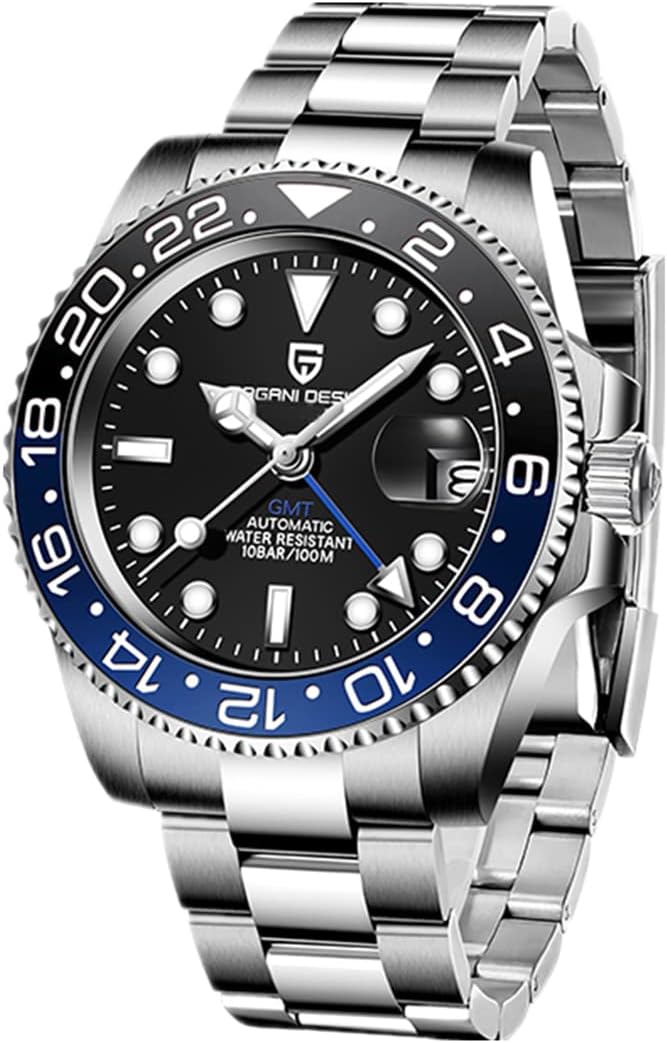 Pagani Design Mechanical GMT Stainless Steel Waterproof Wrist Watch with Sapphire Glass for Men, Stainless Steel Ceramic Watches for Men, Fünf Perlen Schwarz Und Blau