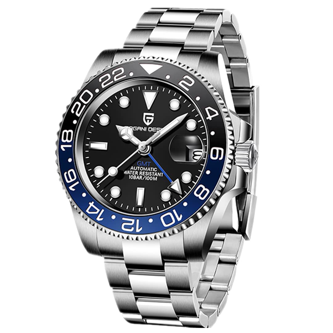 Pagani Design Mechanical GMT Stainless Steel Waterproof Wrist Watch with Sapphire Glass for Men, Stainless Steel Ceramic Watches for Men, Fünf Perlen Schwarz Und Blau