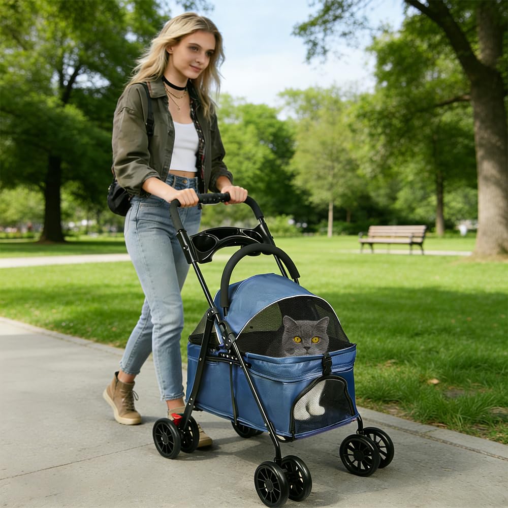 Passeggino 2 in 1 per cani e gatti, pieghevole e pratico, con navicella rimovibile di sicurezza, fino a 20 kg, per cani di piccola taglia media (blu)