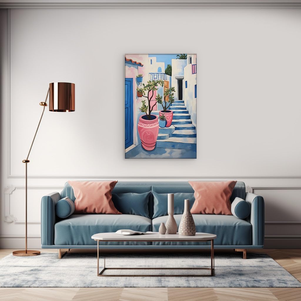 Canvas for Living Room. Mediterranean Charm A Glimpse of a Greek Street Alive with Color and Life, 27 x 18 inch Canvas Wall Art - Contemporary Masterpieces - Modern Home Decor