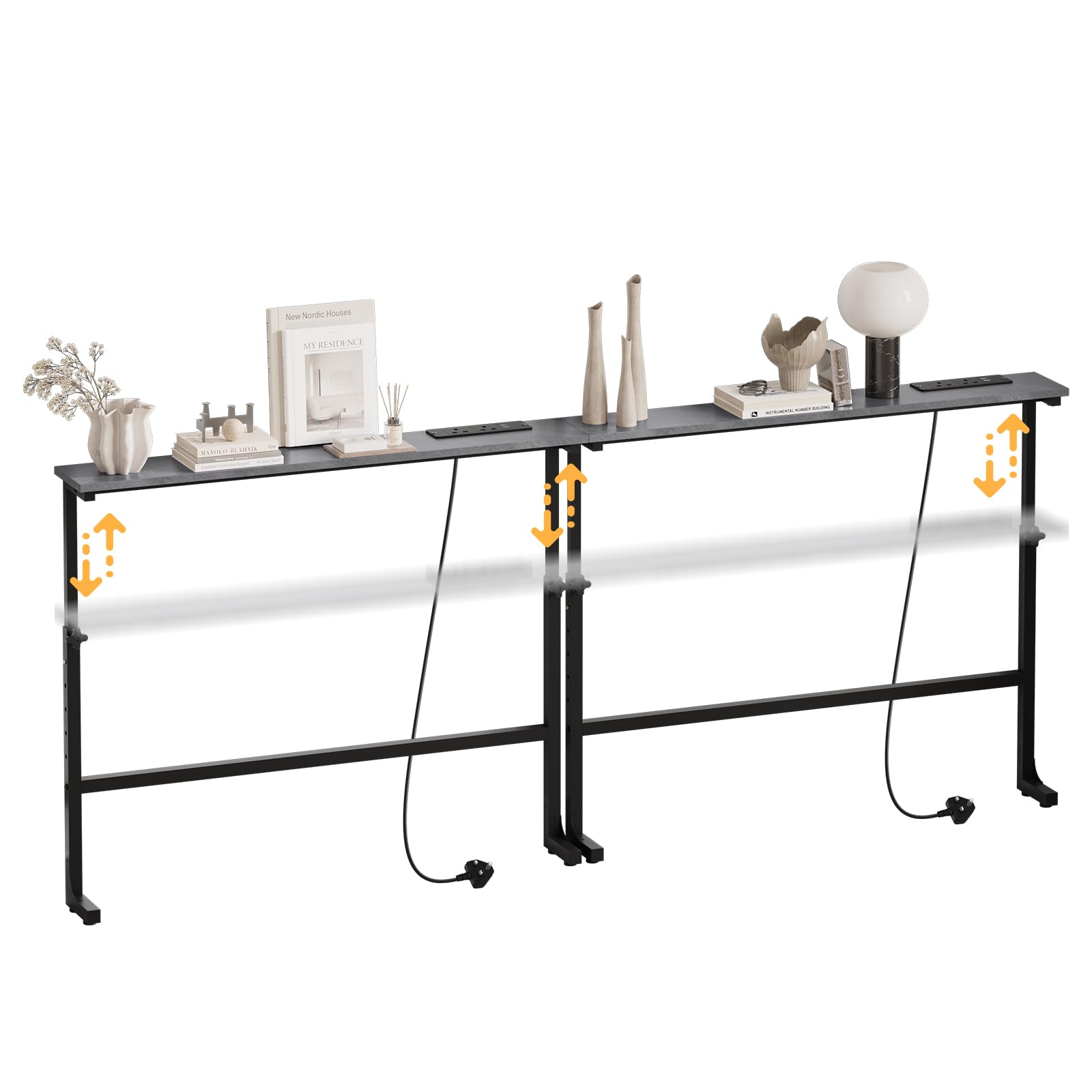 Luxstein 2 Pack Slim Console Table, 200cm Height Adjustable Behind Sofa Table with Charging Station for Hallway, Entryway, Living Room, Grey