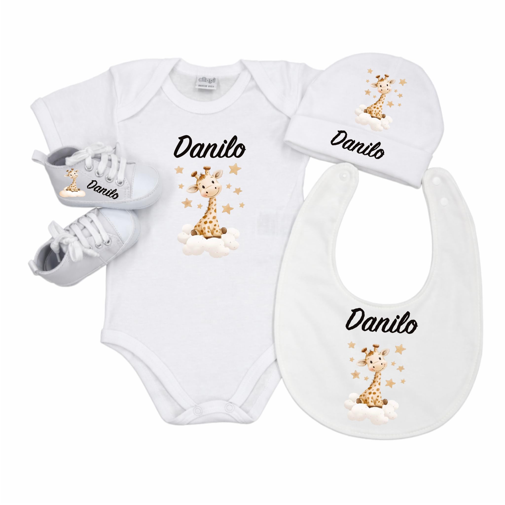 BabyJart® - Conjunto de bebé personalizado de 4 piezas | Body + babero + zapatos + gorro con nombre | Idea regalo nacimiento baby shower | algodón suave 0-12 meses