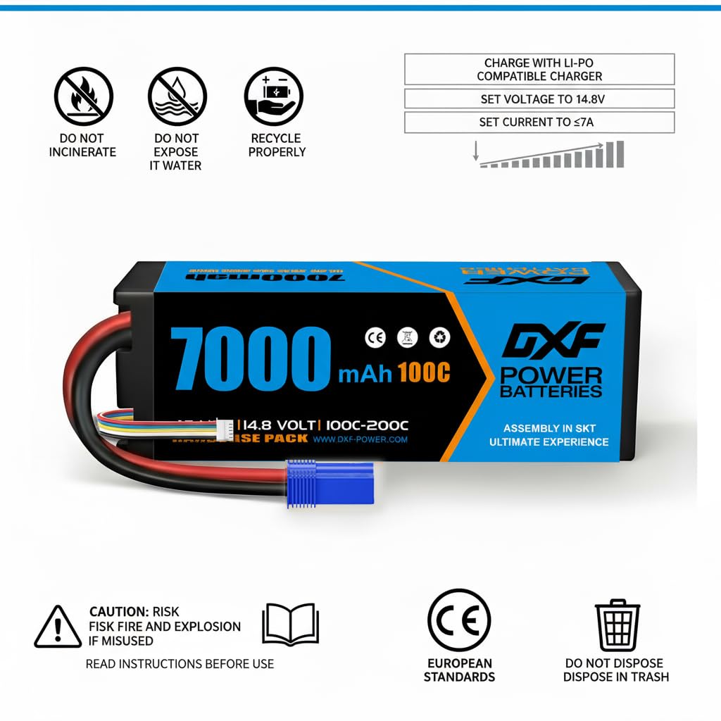DXF 2 pacco batteria lipo 4s - potenza per veicoli RC: 14,8 V, 7000 mAh, 100 C, connettore EC5 - lipo 4s perfetta per Emaxx, Bandit, Losi e molti altri. - potente batteria lipo 4s per il massimo