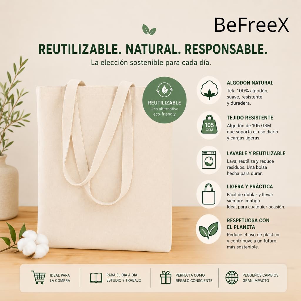 Bolsa de Tela de Algodón Natural 37 x 41 cm con Asas Largas | Tote Bag Reutilizable para la Compra | Bolsa de Tela Multiusos | Disponible en Packs de 10, 25 o 50 Unidades