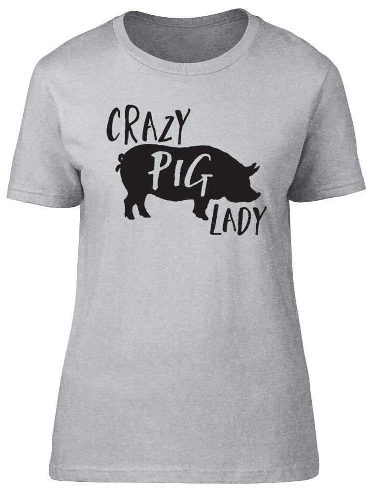 Shopagift Crazy Pig Lady Womens Ladies Short Sleeve Fitted T-Shirt Grey