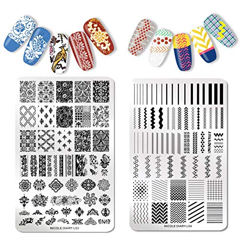 NICOLE DIARY 2Pcs Placas de estampado XL Plantillas de estampado de clavos Flores Encaje Placa de zigzag Impresión de sobreimpresión de uñas Herramienta de diseño (14.5 cm * 9.5 cm)