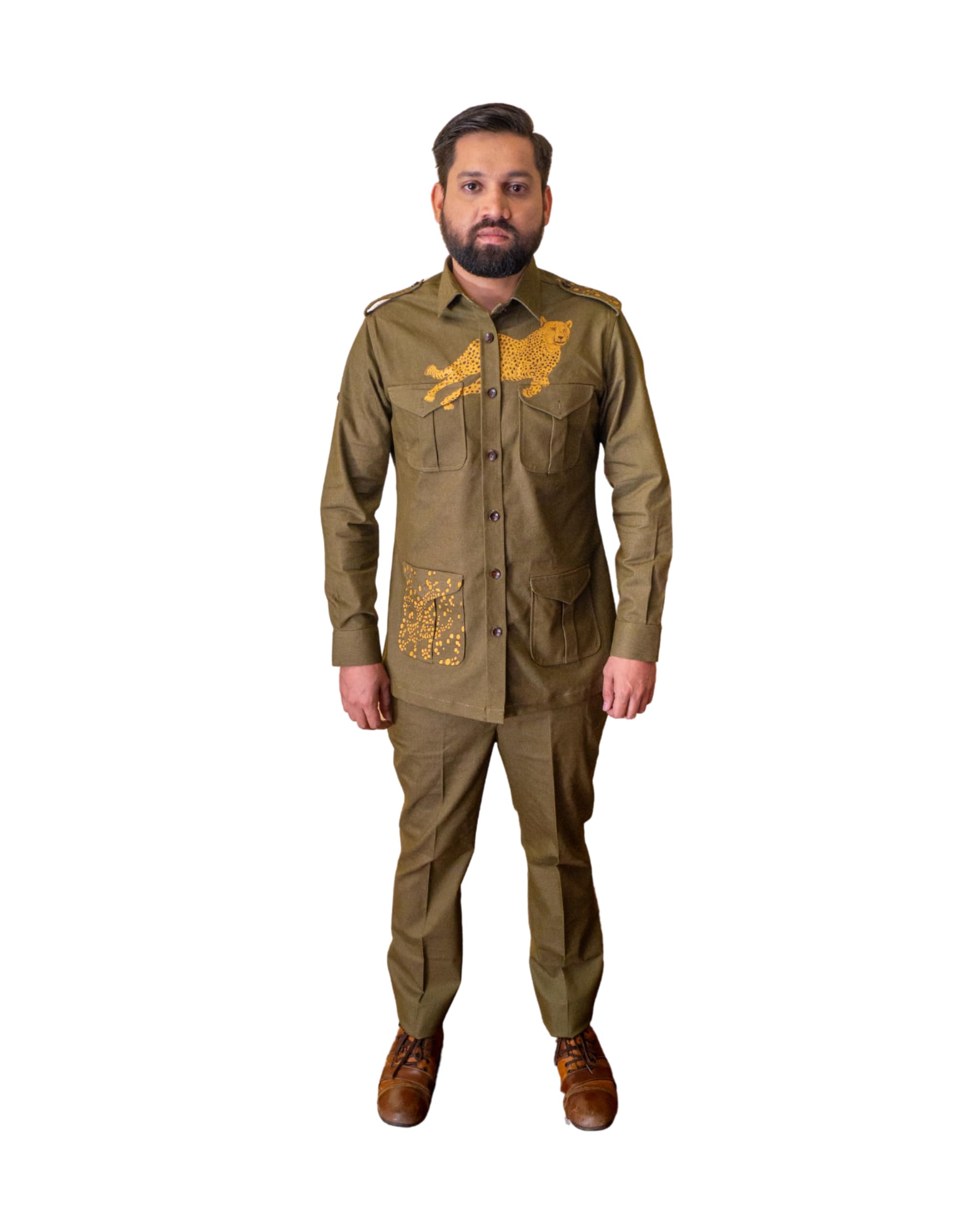 rajneel prithvisanyogita Men's Hand Painted Safari Suit with Running Cheetah Design, Two Piece Set with Shirt and Pants, Artistic Print Outfit for Outdoor Wear, Nature Scenes, or Themed Dressing-picture-33